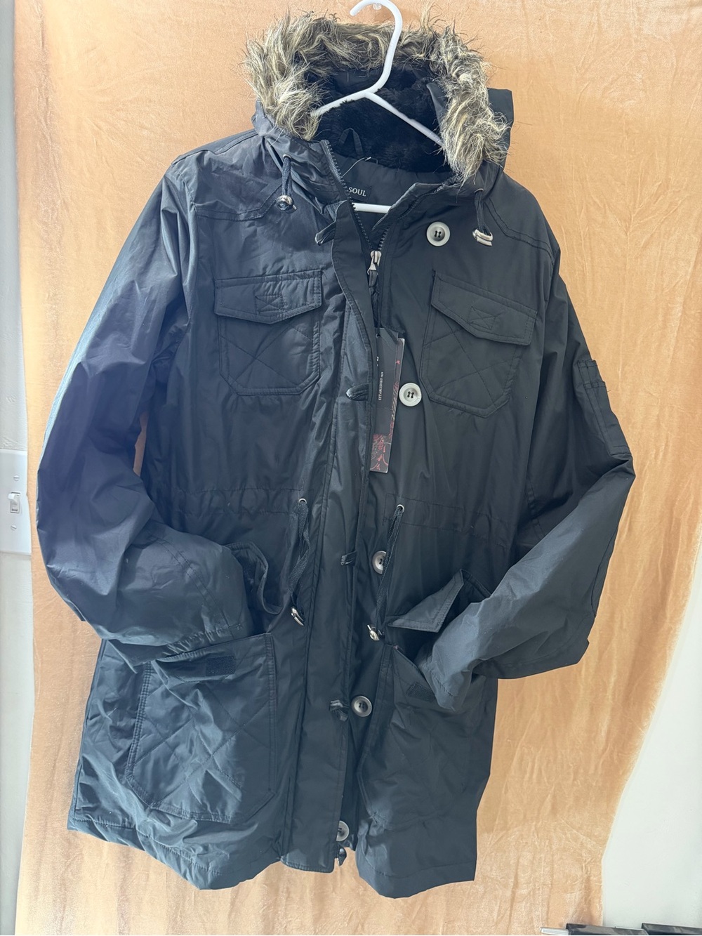 Brave Soul Black Hooded Field Parka with Faux Fur Trim